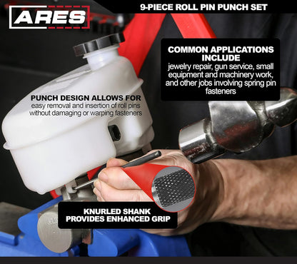 ARES 10021 – 9-Piece Roll Pin Punch Set – Durable Heat Treated and Drop Forged Steel Pin Punches with Pouch -Ideal for Automotive Repair, Gunsmithing, Craft Work, and Jewelry Repair