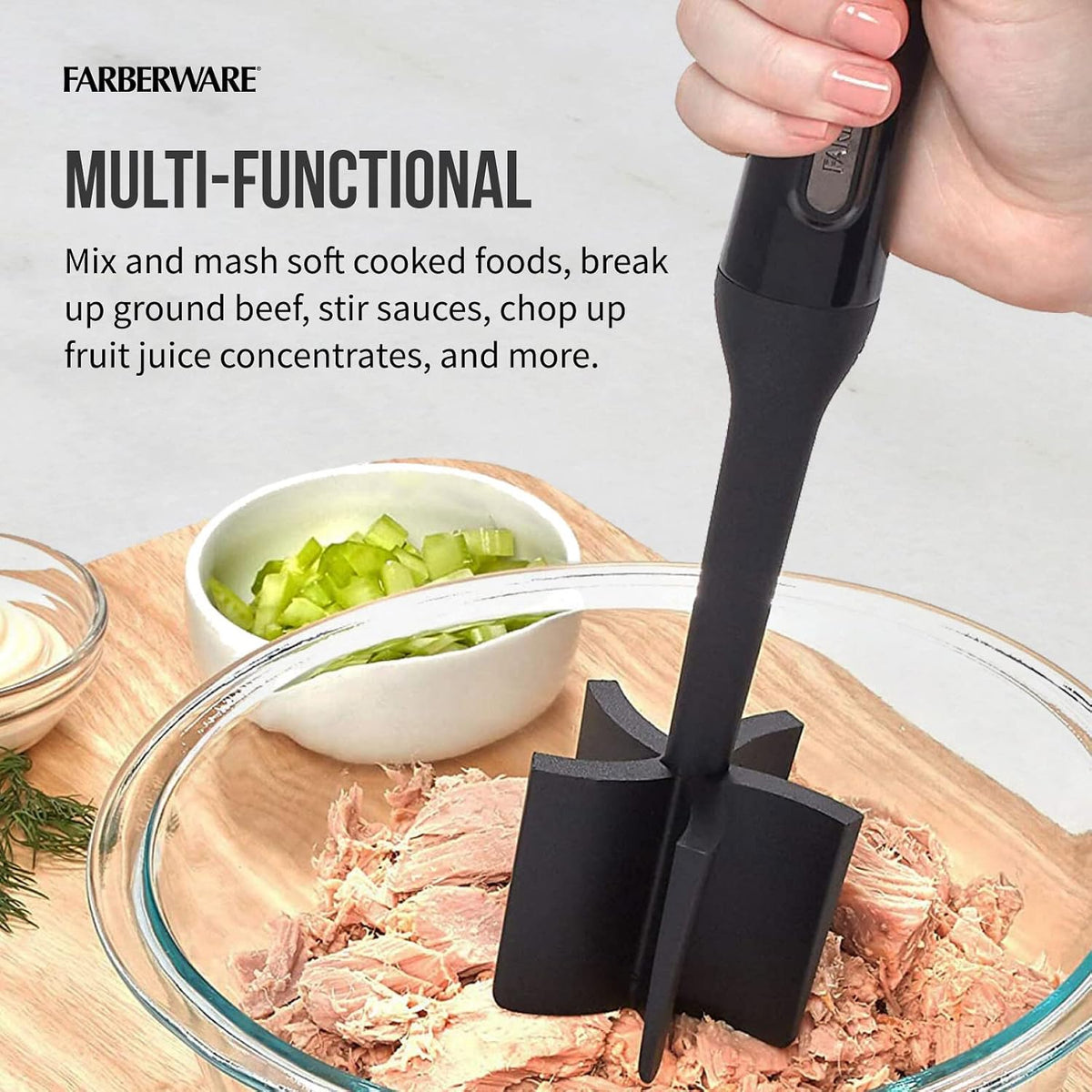 Meat Masher and Chopper Tool with 5 Beveled Blades - Ground Beef Chopper, Potato Masher, Batter Stirrer - Heat Resistant to 450 F, Dishwasher Safe