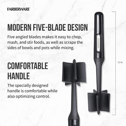Meat Masher and Chopper Tool with 5 Beveled Blades - Ground Beef Chopper, Potato Masher, Batter Stirrer - Heat Resistant to 450 F, Dishwasher Safe