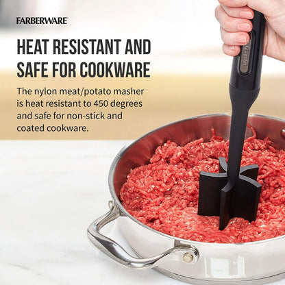 Meat Masher and Chopper Tool with 5 Beveled Blades - Ground Beef Chopper, Potato Masher, Batter Stirrer - Heat Resistant to 450 F, Dishwasher Safe