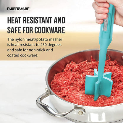 Meat Masher and Chopper Tool with 5 Beveled Blades - Ground Beef Chopper, Potato Masher, Batter Stirrer - Heat Resistant to 450 F, Dishwasher Safe