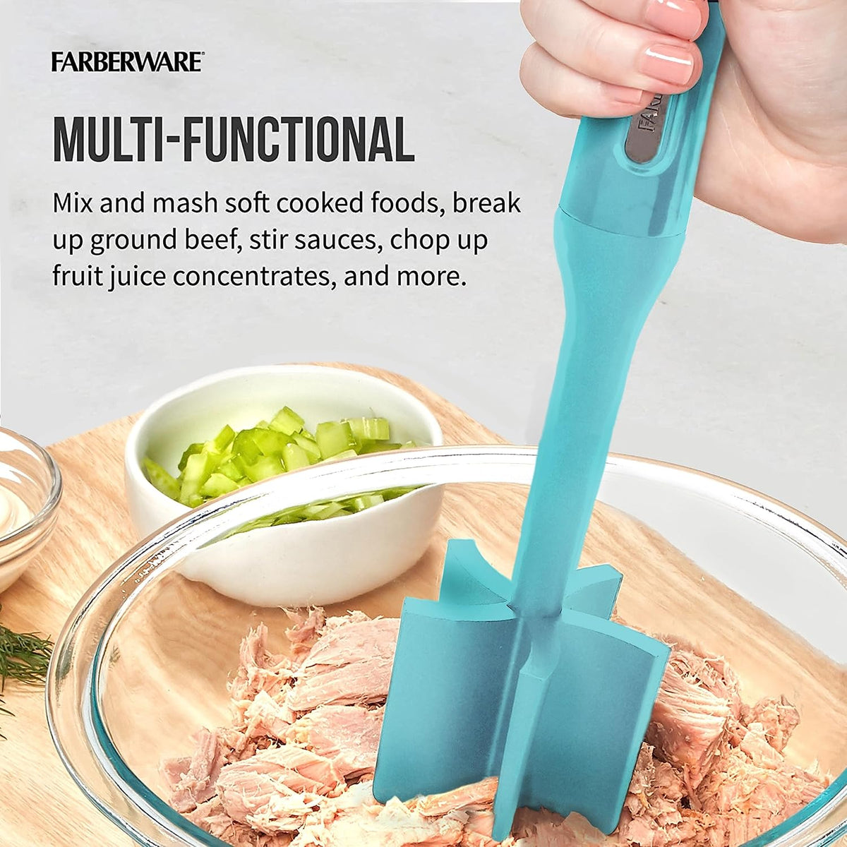 Meat Masher and Chopper Tool with 5 Beveled Blades - Ground Beef Chopper, Potato Masher, Batter Stirrer - Heat Resistant to 450 F, Dishwasher Safe