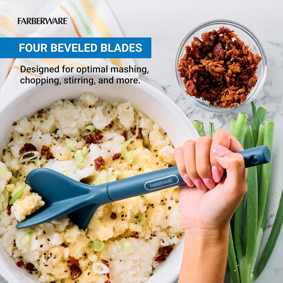 Meat Masher and Chopper Tool with 5 Beveled Blades - Ground Beef Chopper, Potato Masher, Batter Stirrer - Heat Resistant to 450 F, Dishwasher Safe