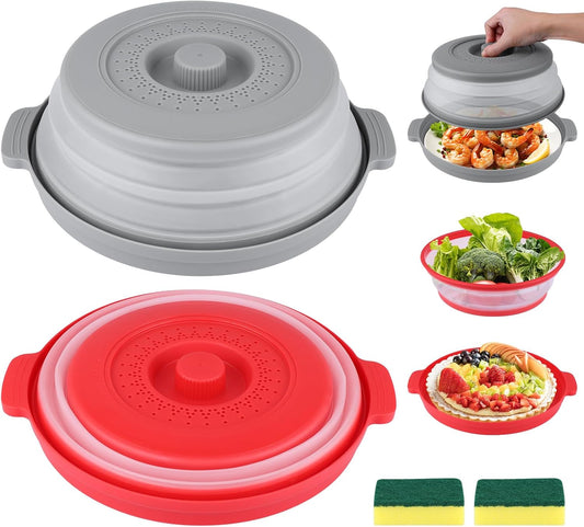 2-Pack Silicone Microwave Cover Splatter Guard with Draining Tray, 10.5 Inch Vented Avoid Scalding Collapsible Guard Lid for Food Cooking and Produce Washing, BPA-Free