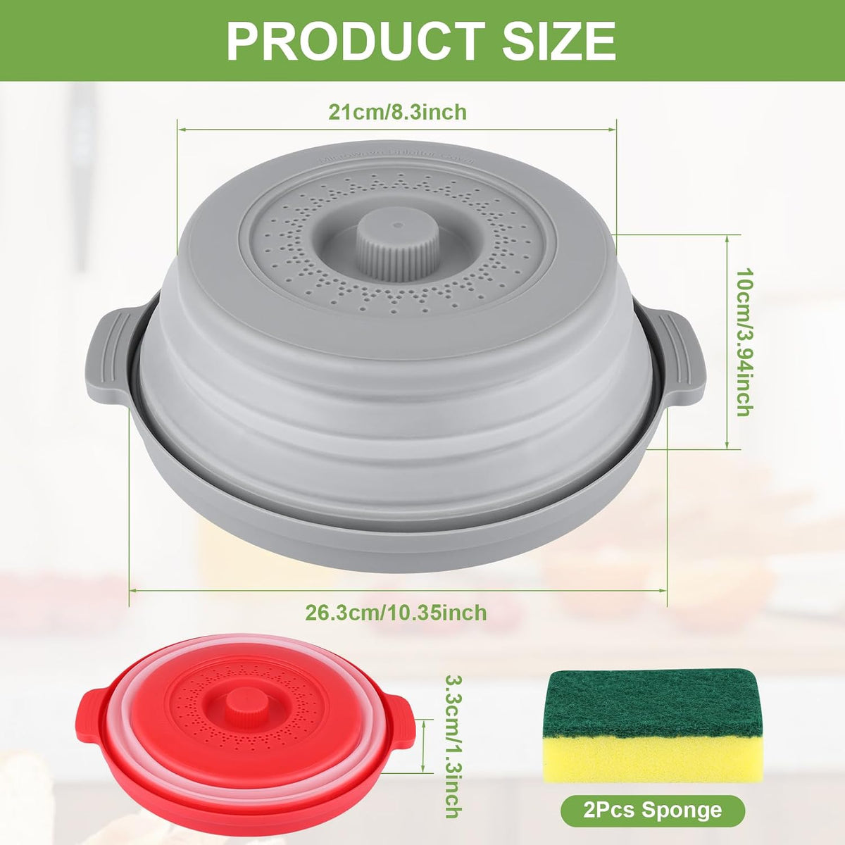 2-Pack Silicone Microwave Cover Splatter Guard with Draining Tray, 10.5 Inch Vented Avoid Scalding Collapsible Guard Lid for Food Cooking and Produce Washing, BPA-Free