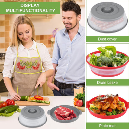 2-Pack Silicone Microwave Cover Splatter Guard with Draining Tray, 10.5 Inch Vented Avoid Scalding Collapsible Guard Lid for Food Cooking and Produce Washing, BPA-Free