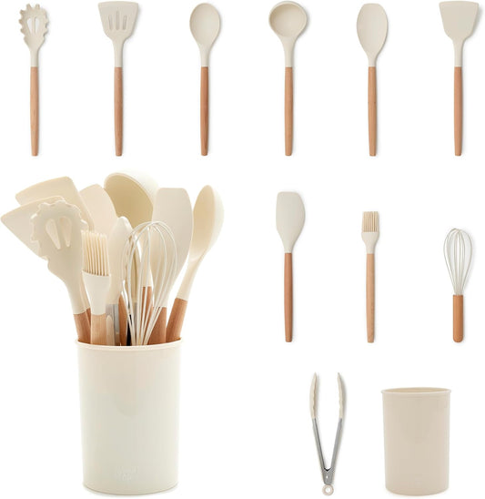 11 Piece Silicone Utensil Crock Set, Nonstick Kitchen Tools, Ladle, Turner, Slotted Turner, Spatula, Spoon, Spaghetti Server, Brush, Whisk, Tongs, Crock, Cream White