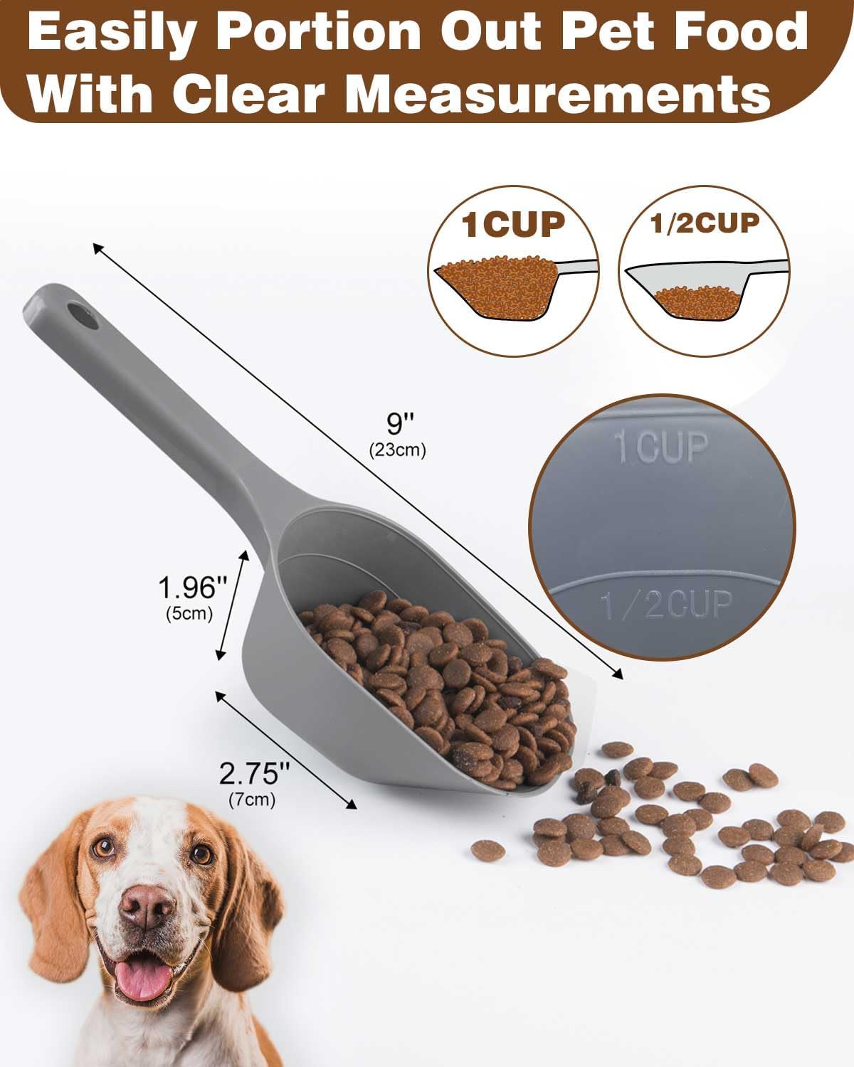 2PACK Dog-Cat Food-Scoop Measuring-Cup,1 Cup Capacity Versatile Plastic Pet Food Scoop with Measuring Lines 1 Cup and 1/2 Cup for Precise Portion Control (Grey and Green)