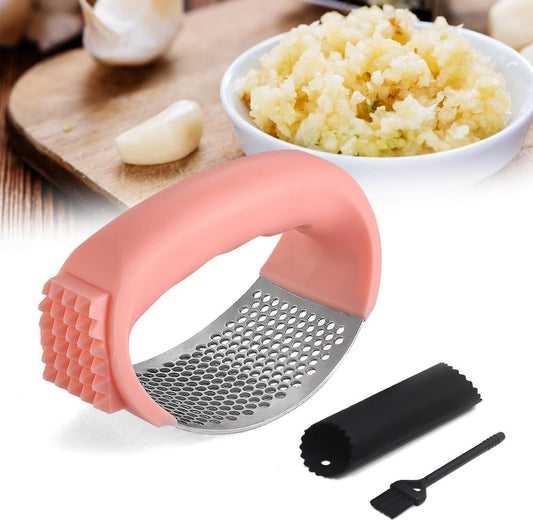 Stainless Steel Garlic Press Rocker Set, Garlic Press Rocker Stainless Steel, Garlic Crusher with Peeler & Cleaning Brush, Easy to Use Garlic Mincer for Kitchen Cooking, Garlic Chopper Tool (pink)