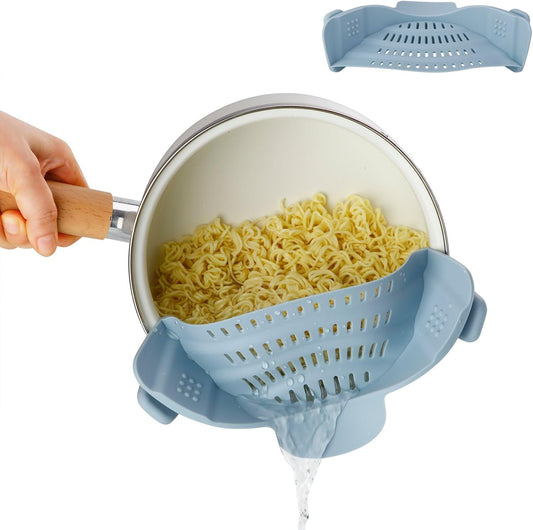 Silicone Pot Strainer, Adjustable Clip On Strainer for Pots Pans, Heat Resistant Pot Drainer, Kitchen Pasta Colander for Vegetables and Noodles (Blue)