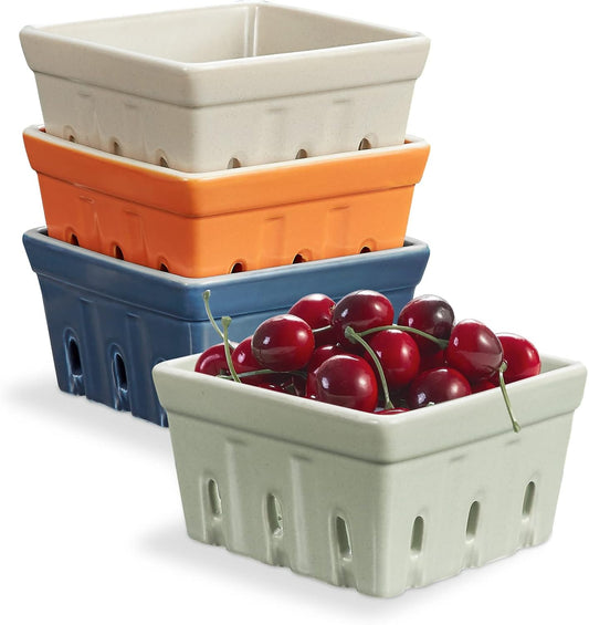 ONEMORE Ceramic Berry Basket, Rustic Stoneware Berry Bowls Colander, Square Fruit Bowls for Kitchen Decor Set of 4, 4.5 inch, Assorted Color
