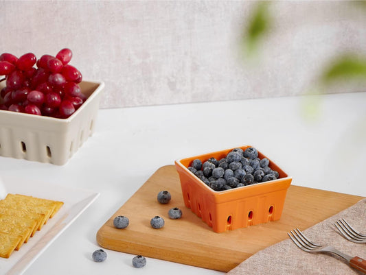 ONEMORE Ceramic Berry Basket, Rustic Stoneware Berry Bowls Colander, Square Fruit Bowls for Kitchen Decor Set of 4, 4.5 inch, Assorted Color