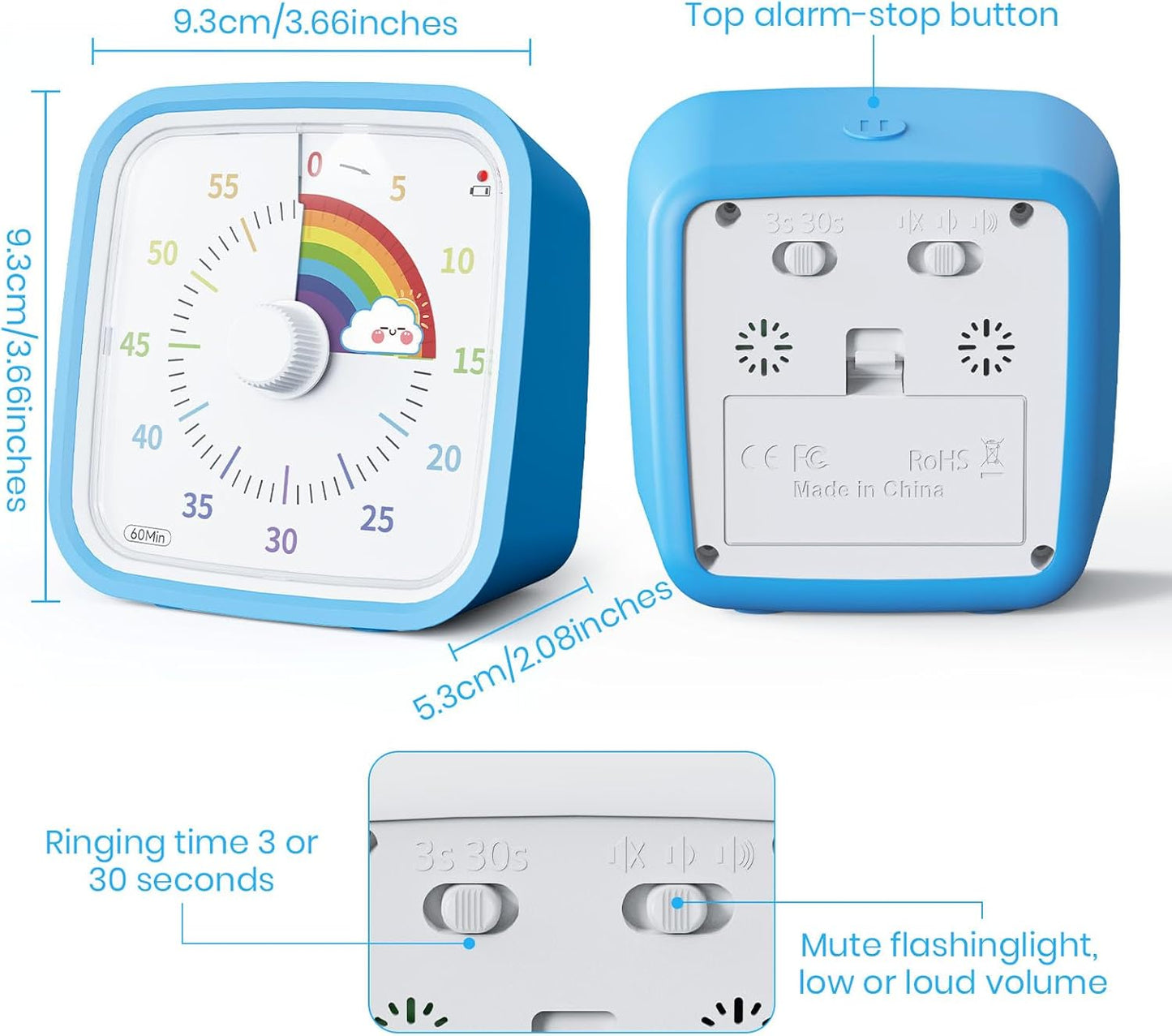 Visual Timer with Protective Case, Rainbow Disk 60 Minute Countdown Timer for Kids and Adults, Silent Time Management Tool(Blue Rainbow)