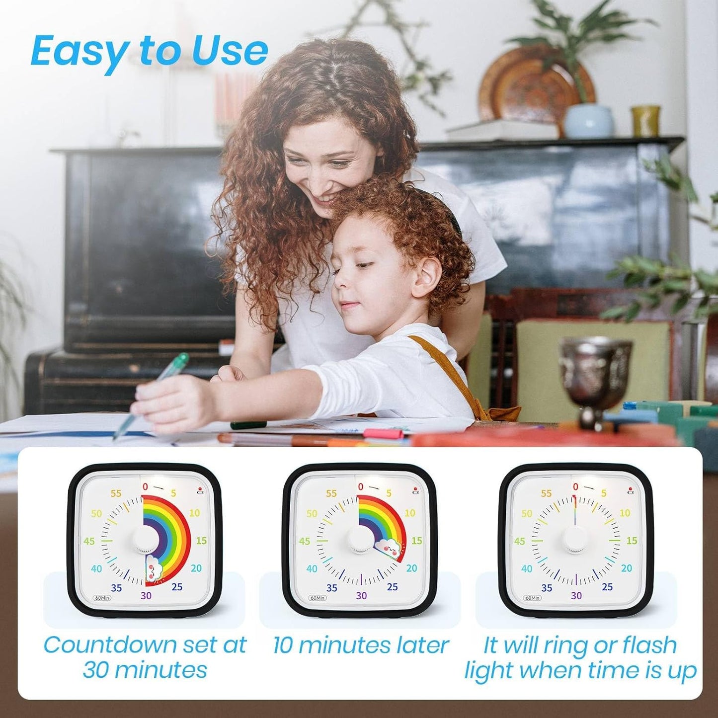 Visual Timer with Protective Case, Rainbow Disk 60 Minute Countdown Timer for Kids and Adults, Silent Time Management Tool(Blue Rainbow)