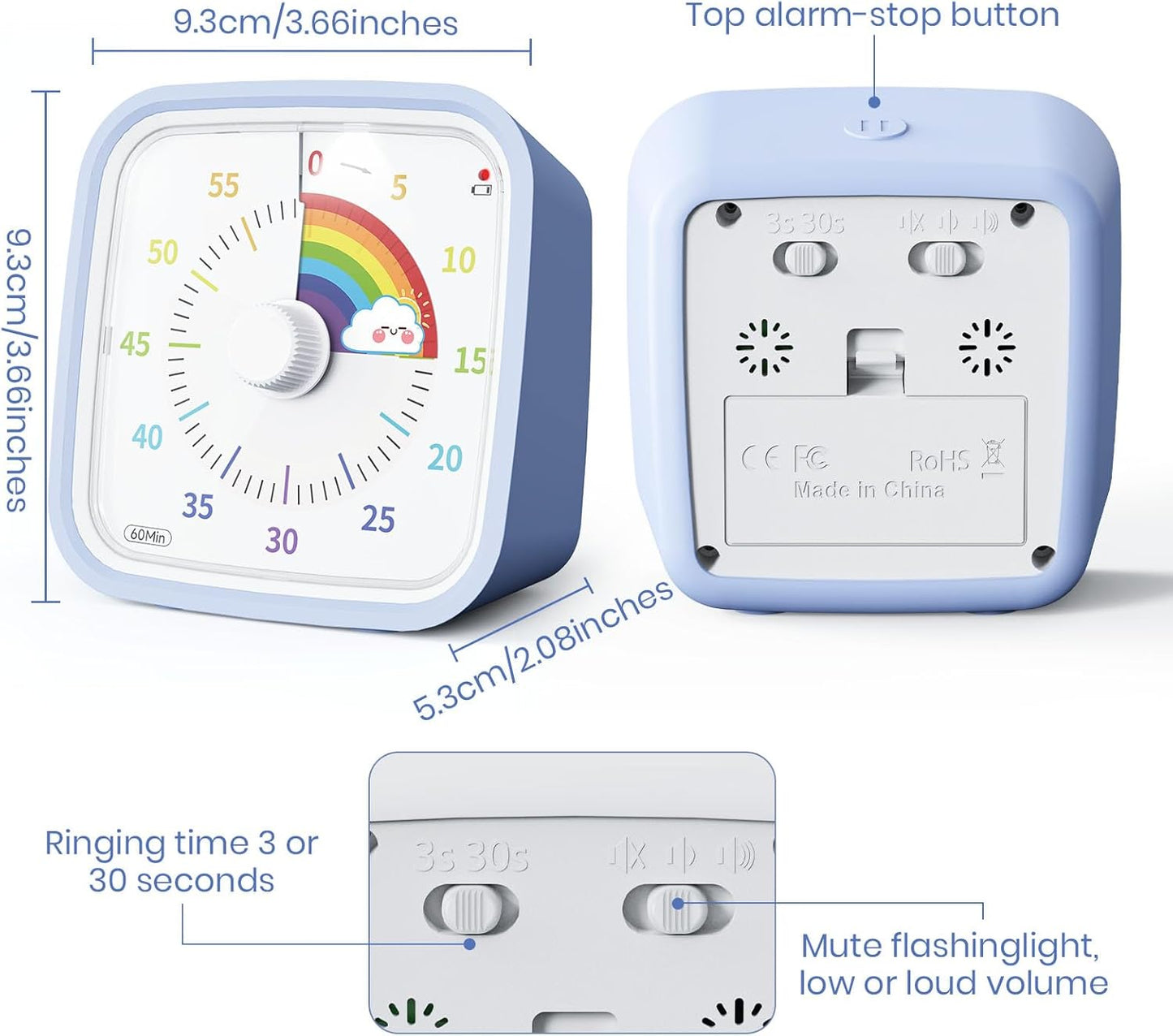 Visual Timer with Protective Case, Rainbow Disk 60 Minute Countdown Timer for Kids and Adults, Silent Time Management Tool(Blue Rainbow)