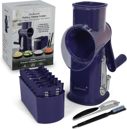Cheese Grater with Handle, 5 in 1 Rotary Vegetable Shredder with 5 Replaceable Blades & Strong Suction Base, Rotary Grater for Cheese, Veggies & Nuts, Includes Storage Box