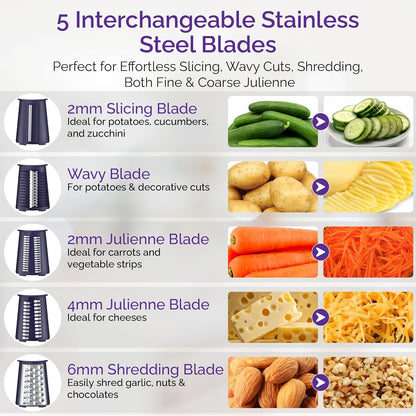 Cheese Grater with Handle, 5 in 1 Rotary Vegetable Shredder with 5 Replaceable Blades & Strong Suction Base, Rotary Grater for Cheese, Veggies & Nuts, Includes Storage Box
