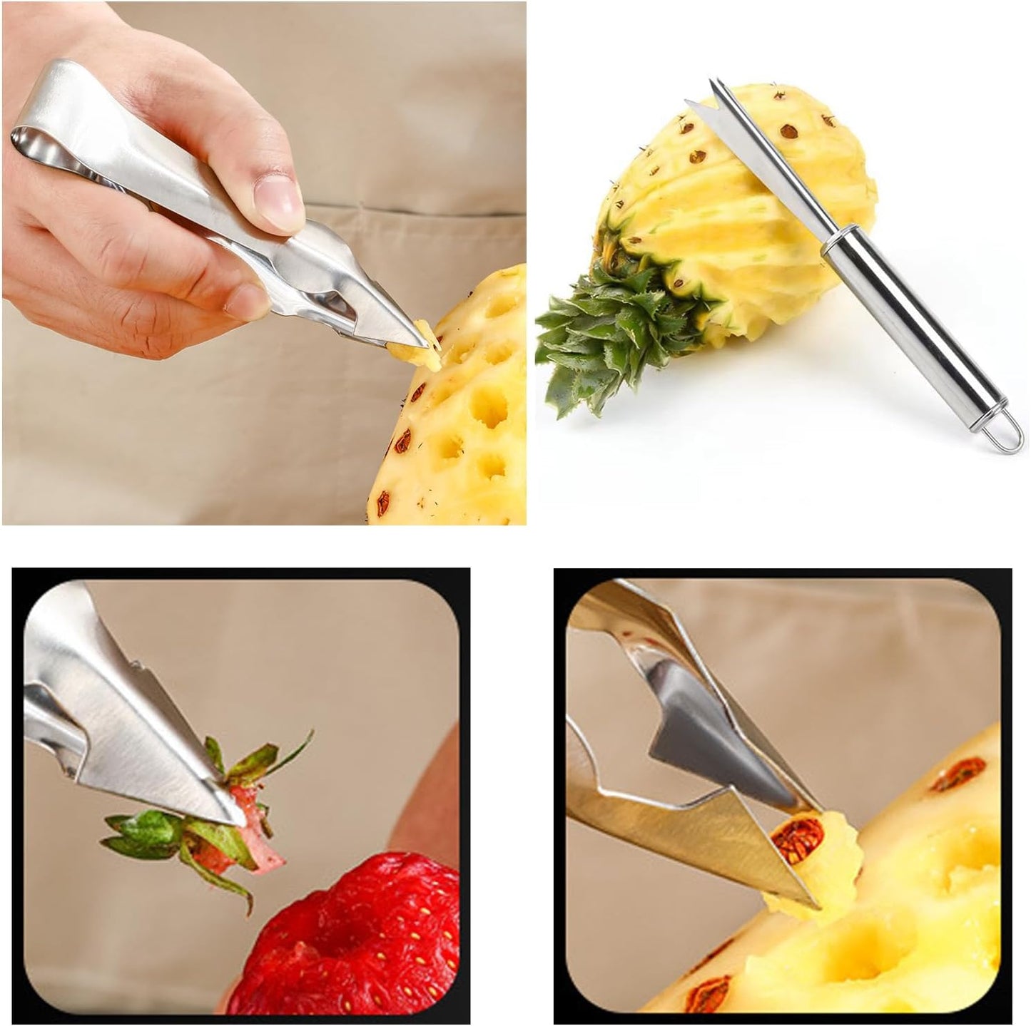 4 Pack Pineapple Peeler Pineapple Eye Remover Clip Stainless Steel Pineapple Eye Cutter Removal Tool Strawberry Huller Pineapple Corer Cleaning Knife for Fresh Pineapple Strawberries Stem