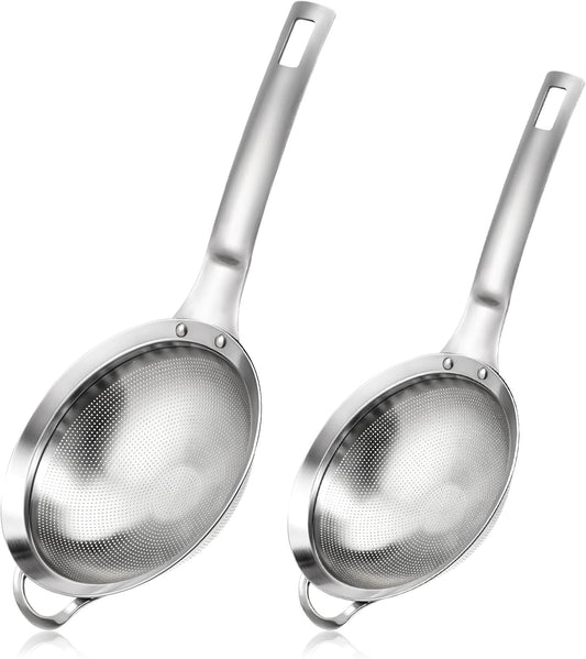 2 Packs Punch Hole Sieve Fine Mesh Stainless Steel Mesh Strainer Small Colander Strainer with Handle Metal Mini Sifter Set for Kitchen Baking Straining Flour Quinoa Tea Juice