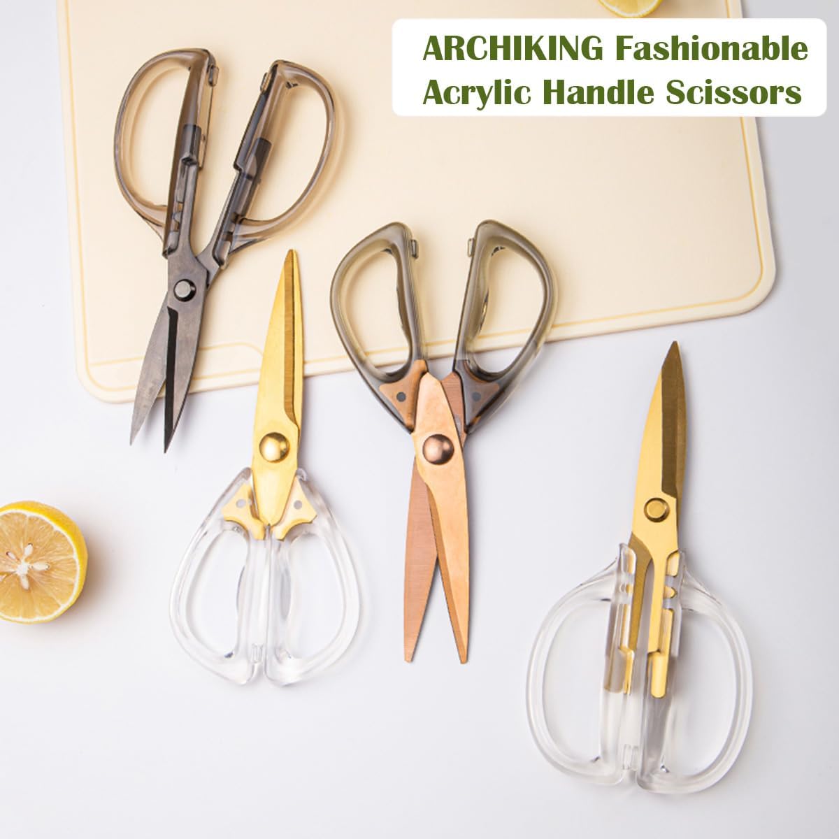 Kitchen Shears Scissors, 7.7inch Gold Titanium Plated Scissor-Meat and Poultry Shears, Dishwasher Safe, Acrylic Handel All Purpose Stainless Steel Utility Scissor - Diamond Clear