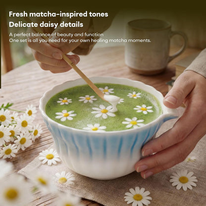 Matcha Set, 5Pcs Ceramic Matcha Set including Daisy Matcha Bowl and Mushroom Whisk Holder, Bamboo Whisk, Scoop, Sifter - Thoughtful Matcha Whisk Set Gift for Matcha Lovers, Blue