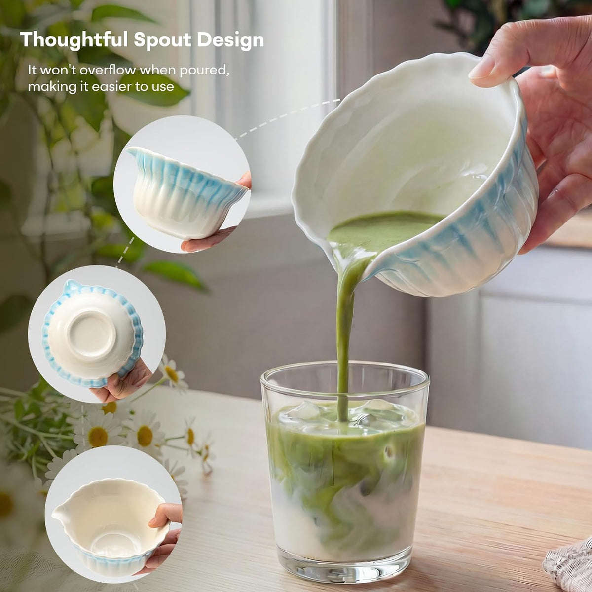 Matcha Set, 5Pcs Ceramic Matcha Set including Daisy Matcha Bowl and Mushroom Whisk Holder, Bamboo Whisk, Scoop, Sifter - Thoughtful Matcha Whisk Set Gift for Matcha Lovers, Blue