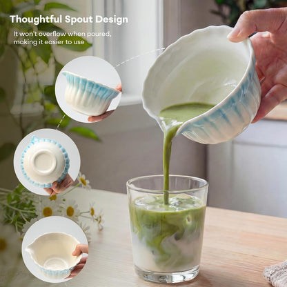 Matcha Set, 5Pcs Ceramic Matcha Set including Daisy Matcha Bowl and Mushroom Whisk Holder, Bamboo Whisk, Scoop, Sifter - Thoughtful Matcha Whisk Set Gift for Matcha Lovers, Blue