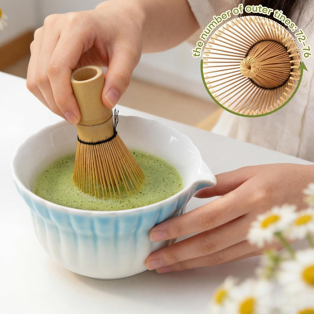 Matcha Set, 5Pcs Ceramic Matcha Set including Daisy Matcha Bowl and Mushroom Whisk Holder, Bamboo Whisk, Scoop, Sifter - Thoughtful Matcha Whisk Set Gift for Matcha Lovers, Blue