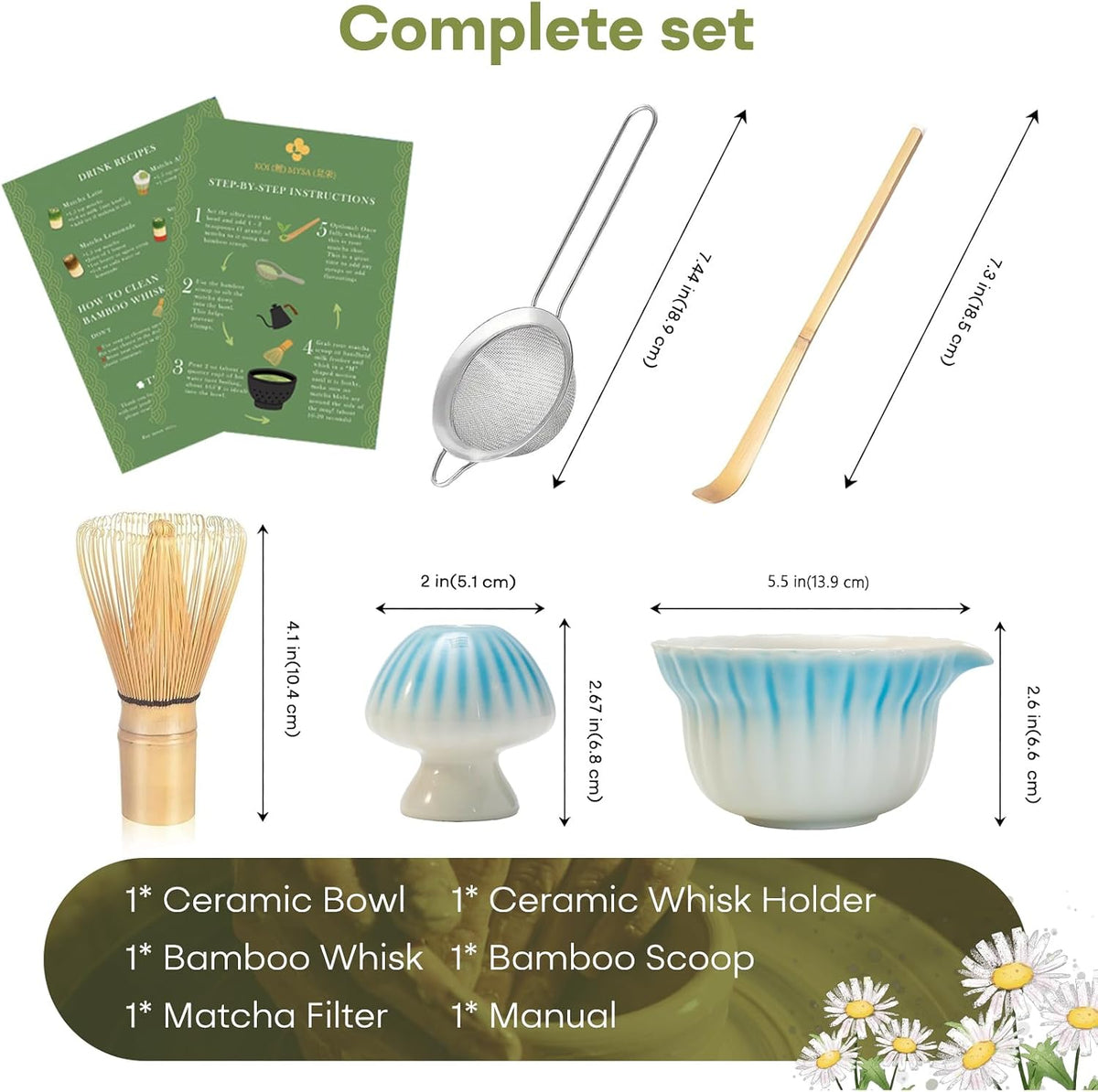 Matcha Set, 5Pcs Ceramic Matcha Set including Daisy Matcha Bowl and Mushroom Whisk Holder, Bamboo Whisk, Scoop, Sifter - Thoughtful Matcha Whisk Set Gift for Matcha Lovers, Blue