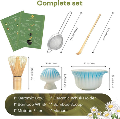 Matcha Set, 5Pcs Ceramic Matcha Set including Daisy Matcha Bowl and Mushroom Whisk Holder, Bamboo Whisk, Scoop, Sifter - Thoughtful Matcha Whisk Set Gift for Matcha Lovers, Blue