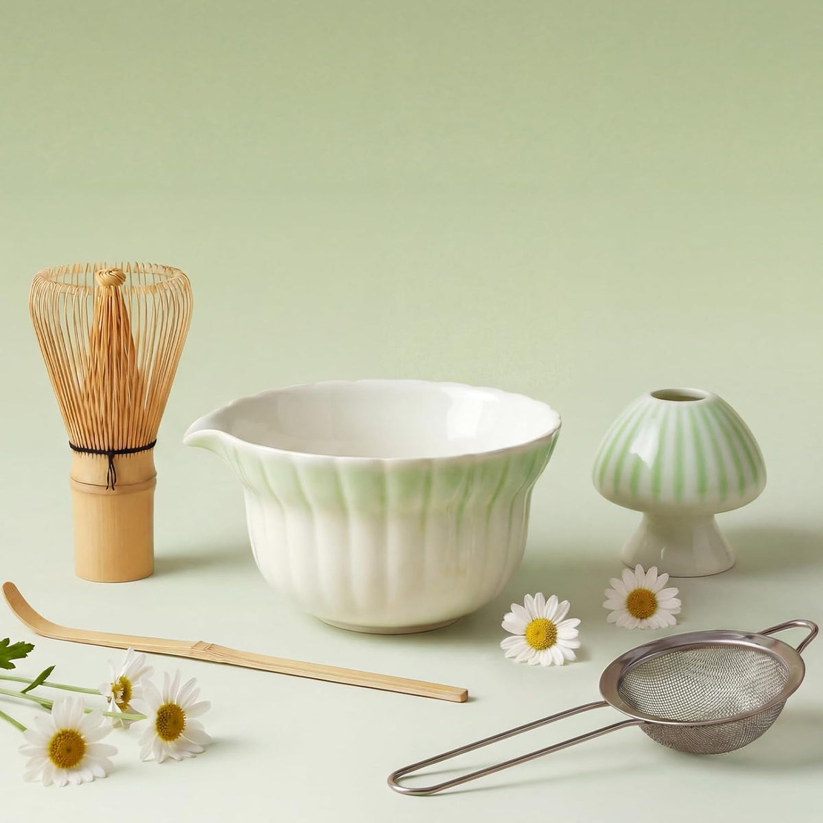 Matcha Set, 5Pcs Ceramic Matcha Set including Daisy Matcha Bowl and Mushroom Whisk Holder, Bamboo Whisk, Scoop, Sifter - Thoughtful Matcha Whisk Set Gift for Matcha Lovers, Blue