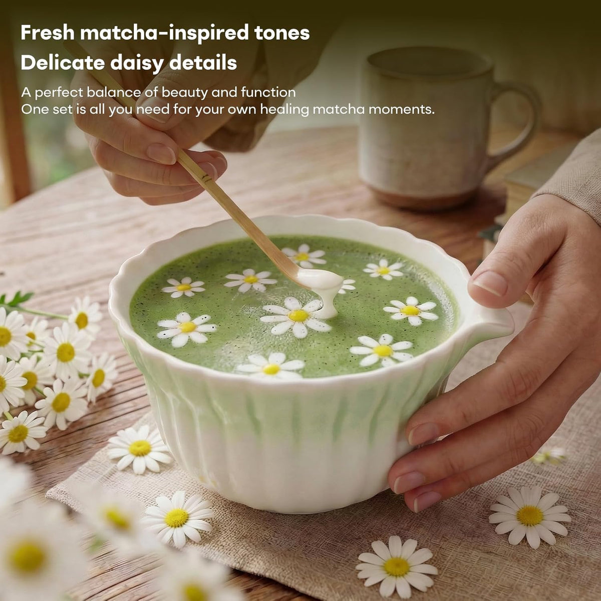 Matcha Set, 5Pcs Ceramic Matcha Set including Daisy Matcha Bowl and Mushroom Whisk Holder, Bamboo Whisk, Scoop, Sifter - Thoughtful Matcha Whisk Set Gift for Matcha Lovers, Blue