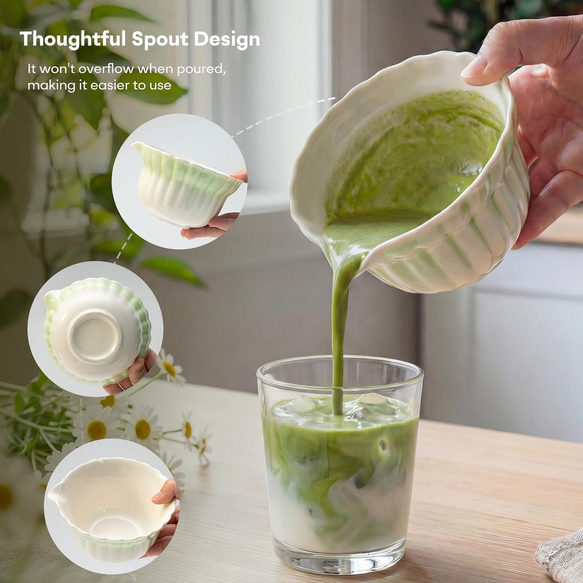 Matcha Set, 5Pcs Ceramic Matcha Set including Daisy Matcha Bowl and Mushroom Whisk Holder, Bamboo Whisk, Scoop, Sifter - Thoughtful Matcha Whisk Set Gift for Matcha Lovers, Blue