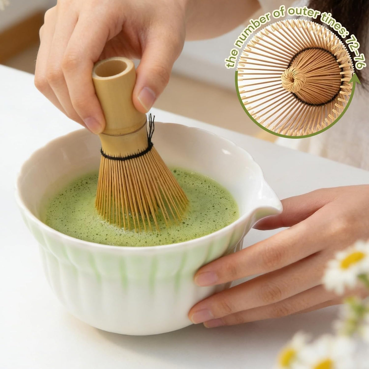 Matcha Set, 5Pcs Ceramic Matcha Set including Daisy Matcha Bowl and Mushroom Whisk Holder, Bamboo Whisk, Scoop, Sifter - Thoughtful Matcha Whisk Set Gift for Matcha Lovers, Blue