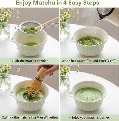 Matcha Set, 5Pcs Ceramic Matcha Set including Daisy Matcha Bowl and Mushroom Whisk Holder, Bamboo Whisk, Scoop, Sifter - Thoughtful Matcha Whisk Set Gift for Matcha Lovers, Blue