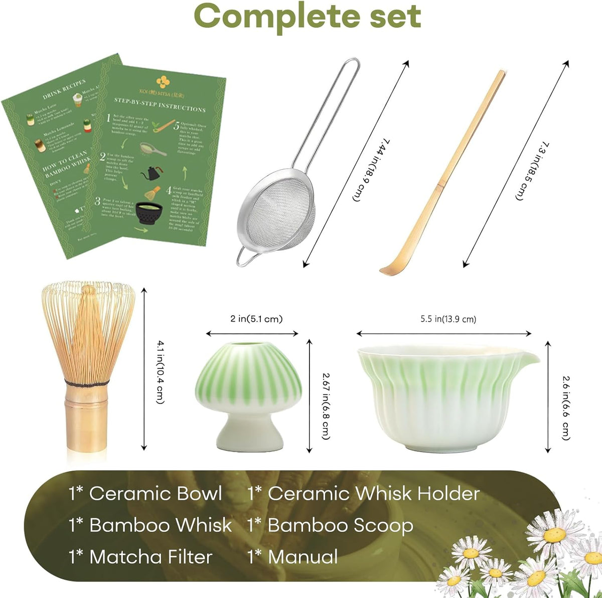 Matcha Set, 5Pcs Ceramic Matcha Set including Daisy Matcha Bowl and Mushroom Whisk Holder, Bamboo Whisk, Scoop, Sifter - Thoughtful Matcha Whisk Set Gift for Matcha Lovers, Blue