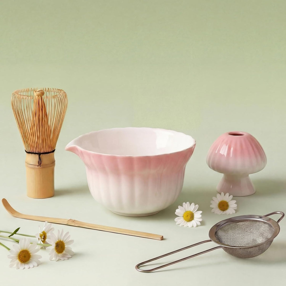 Matcha Set, 5Pcs Ceramic Matcha Set including Daisy Matcha Bowl and Mushroom Whisk Holder, Bamboo Whisk, Scoop, Sifter - Thoughtful Matcha Whisk Set Gift for Matcha Lovers, Blue