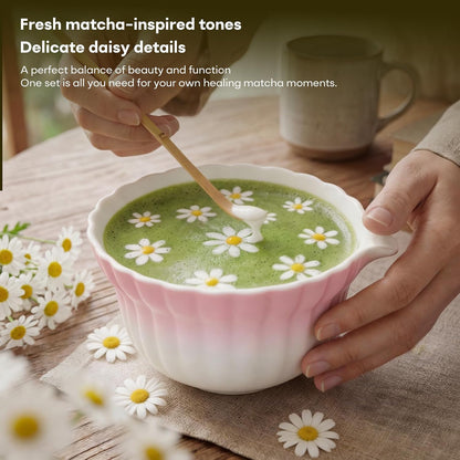 Matcha Set, 5Pcs Ceramic Matcha Set including Daisy Matcha Bowl and Mushroom Whisk Holder, Bamboo Whisk, Scoop, Sifter - Thoughtful Matcha Whisk Set Gift for Matcha Lovers, Blue