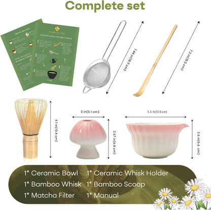 Matcha Set, 5Pcs Ceramic Matcha Set including Daisy Matcha Bowl and Mushroom Whisk Holder, Bamboo Whisk, Scoop, Sifter - Thoughtful Matcha Whisk Set Gift for Matcha Lovers, Blue