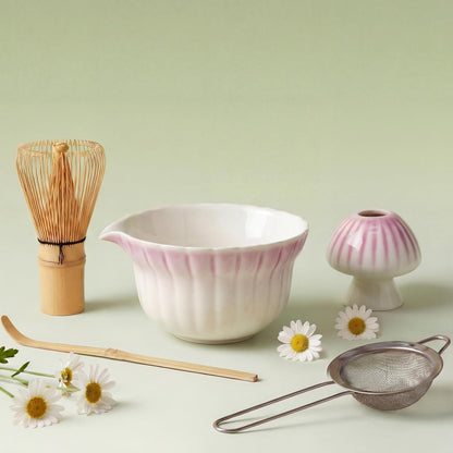 Matcha Set, 5Pcs Ceramic Matcha Set including Daisy Matcha Bowl and Mushroom Whisk Holder, Bamboo Whisk, Scoop, Sifter - Thoughtful Matcha Whisk Set Gift for Matcha Lovers, Blue