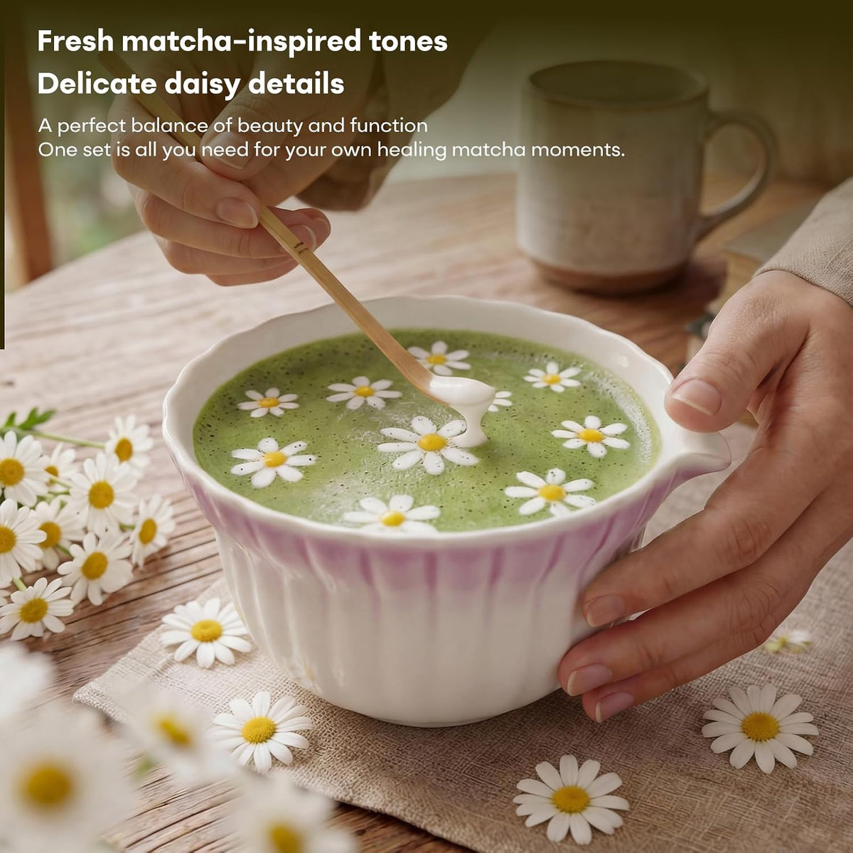 Matcha Set, 5Pcs Ceramic Matcha Set including Daisy Matcha Bowl and Mushroom Whisk Holder, Bamboo Whisk, Scoop, Sifter - Thoughtful Matcha Whisk Set Gift for Matcha Lovers, Blue