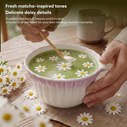 Matcha Set, 5Pcs Ceramic Matcha Set including Daisy Matcha Bowl and Mushroom Whisk Holder, Bamboo Whisk, Scoop, Sifter - Thoughtful Matcha Whisk Set Gift for Matcha Lovers, Blue