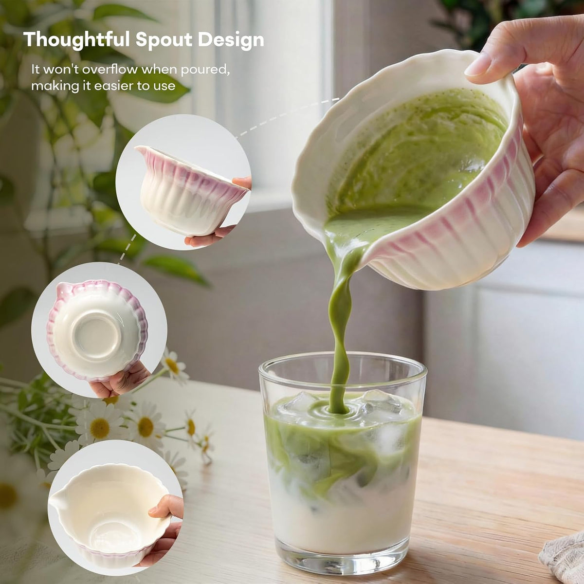 Matcha Set, 5Pcs Ceramic Matcha Set including Daisy Matcha Bowl and Mushroom Whisk Holder, Bamboo Whisk, Scoop, Sifter - Thoughtful Matcha Whisk Set Gift for Matcha Lovers, Blue