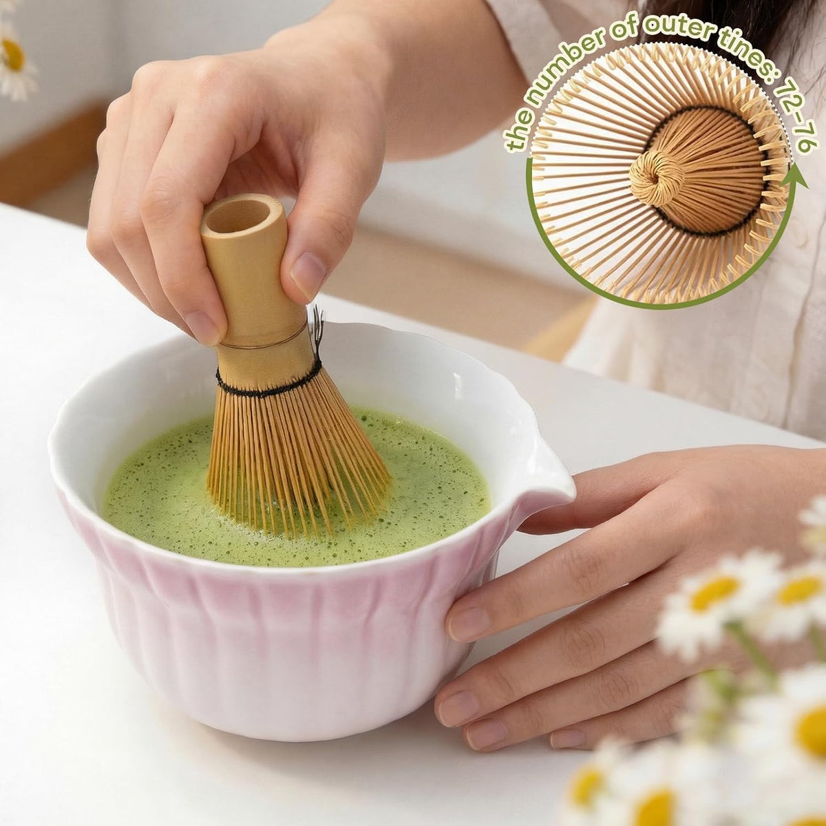 Matcha Set, 5Pcs Ceramic Matcha Set including Daisy Matcha Bowl and Mushroom Whisk Holder, Bamboo Whisk, Scoop, Sifter - Thoughtful Matcha Whisk Set Gift for Matcha Lovers, Blue