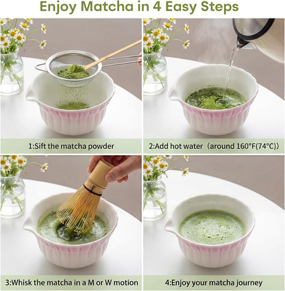 Matcha Set, 5Pcs Ceramic Matcha Set including Daisy Matcha Bowl and Mushroom Whisk Holder, Bamboo Whisk, Scoop, Sifter - Thoughtful Matcha Whisk Set Gift for Matcha Lovers, Blue