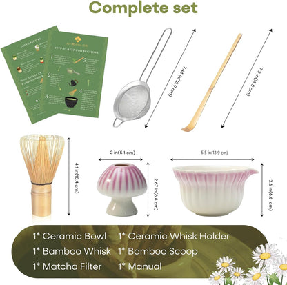 Matcha Set, 5Pcs Ceramic Matcha Set including Daisy Matcha Bowl and Mushroom Whisk Holder, Bamboo Whisk, Scoop, Sifter - Thoughtful Matcha Whisk Set Gift for Matcha Lovers, Blue