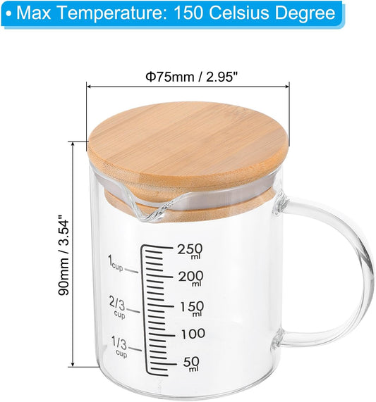 250ml Glass Measuring Cup, 3.3 Borosilicate Glass Graduated Black Printed Scale Liquid Measure Cups Beaker with Wood Lid and V-Shaped Spout for Kitchen