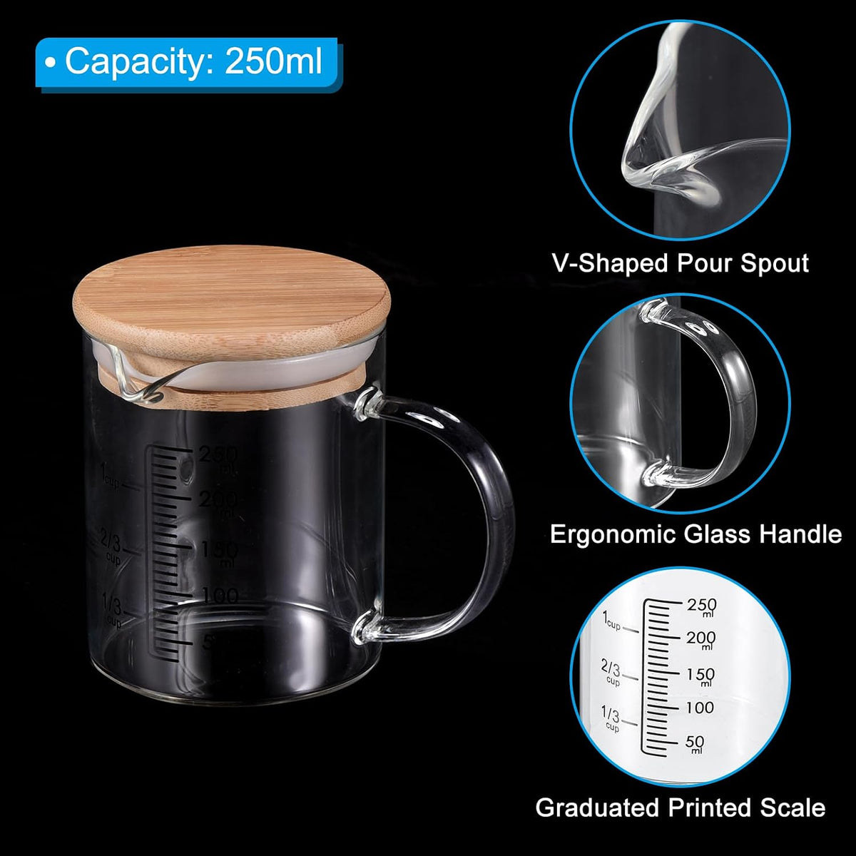 250ml Glass Measuring Cup, 3.3 Borosilicate Glass Graduated Black Printed Scale Liquid Measure Cups Beaker with Wood Lid and V-Shaped Spout for Kitchen