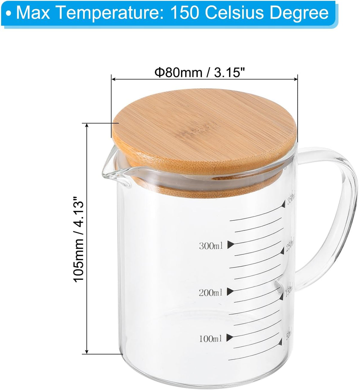 250ml Glass Measuring Cup, 3.3 Borosilicate Glass Graduated Black Printed Scale Liquid Measure Cups Beaker with Wood Lid and V-Shaped Spout for Kitchen