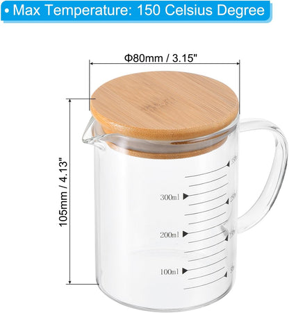 250ml Glass Measuring Cup, 3.3 Borosilicate Glass Graduated Black Printed Scale Liquid Measure Cups Beaker with Wood Lid and V-Shaped Spout for Kitchen
